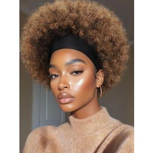 quickwig Afro Headband Wig Short Afro Kinky Curly Wigs with Headbands Attached Glueless Synthetic Wear and Go for Black Women Fluffy Bouncy Afro Wigs for Daily Party(1B30,12 Inch)