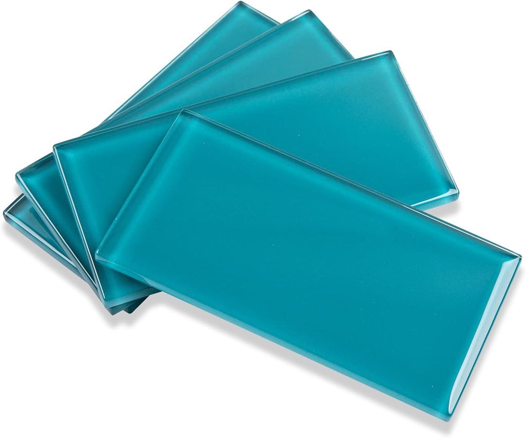 Glass Tile for Backsplash, Glass Subway Tile 3x6 Inch Cyan for Kitchen Bathroom Shower Wall (32 Pcs 4 sq.ft)