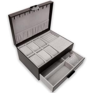 Jewelry Box for Men 2-Layer Valet Organizer with 2 Drawers Watch Ring Necklace Cufflink Storage Case Glass Lid Premium PU Leather Mens Accessories Box Gift for Husband Boyfriend Dad Black