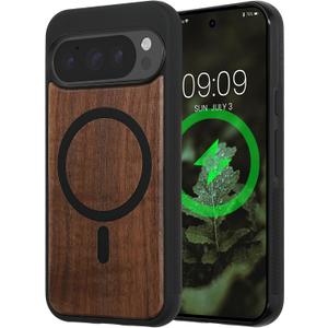 kwmobile Case for Google Pixel 10 / Pixel 10 Pro Case - Compatible with MagSafe - Shock Absorbing TPU Phone Cover - Edge Protection - Dark Brown Wood