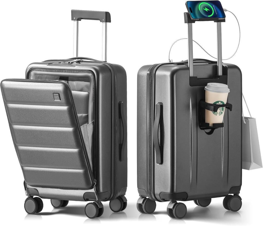 20 IN Carry On Luggage 22x14x9 Airline Approved - Front Pocket Hardside Travel Suitcase Unbreakable -with Cup Holder,Charging Port,Side Pothook, 360Spinner Wheels, TSA Lock-Grey (20 Inch, Gray)