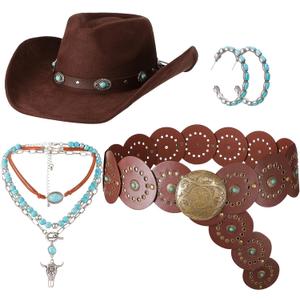 Chicingyou 4 Pcs Western Cowgirl Outfit Accessories Cowgirl Costume with Turquoise Jewelry Sets for Cowboy Party Decoration