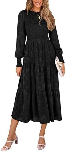 PRETTYGARDEN Women's Fall Spring Midi Dress Long Sleeve Floral Smocked Elegant Wedding Guest Long Flowy Dresses with Pockets, L