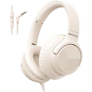 Headphones Wired with Microphone, Over Ear Foldable 3.5mm Plug in Headphones Corded with 4.9ft Tangle-Free Nylon Cord for Tablet, Laptop, MP3/4, School, Airplane Travel (Beige White)