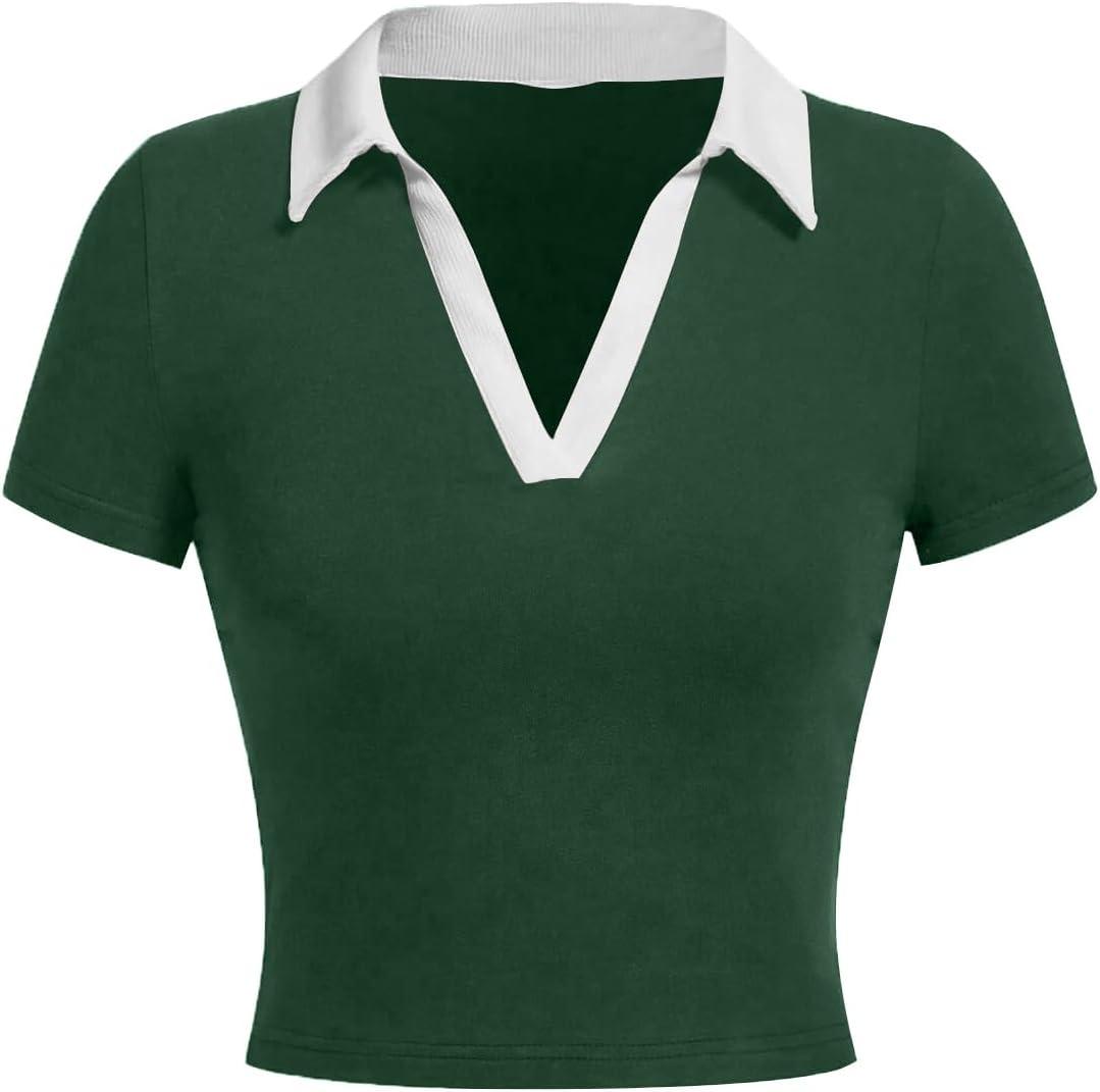 Avanova Women Polo Collared V Neck Tee Shirts Ringer Short Sleeve Crop Tops (Medium, Green)