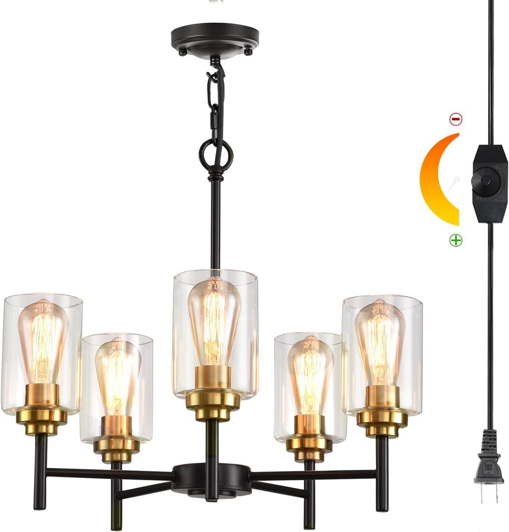 HOXIYA DIMMABLE PRE-Wired Plug in Chandelier with Clear Glass Shade Cord, 5 Light Modern Island Farmhouse Light Fixture, Black and Gold Pendant Ceiling Hanging Lighting for Dining Room
