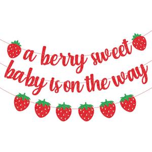 A Berry Sweet Baby Is On The Way Banner with Strawberry Garland, Berry Fruit Themed Baby Shower Gender Reveal Decorations, Summer Garland Photo Prop for Indoor Outdoor Welcome Baby Party Supplies