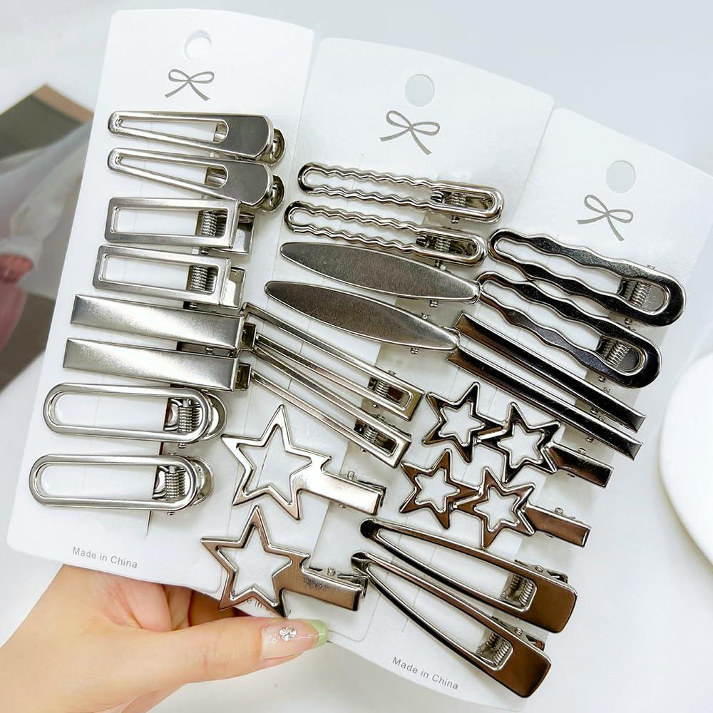 7 Pcs Silver Hair Clips for Women: 12 Pairs Metal Bangs Hair Clip Pins & Barrettes - Alligator Clips & Star Hairclips for Styling