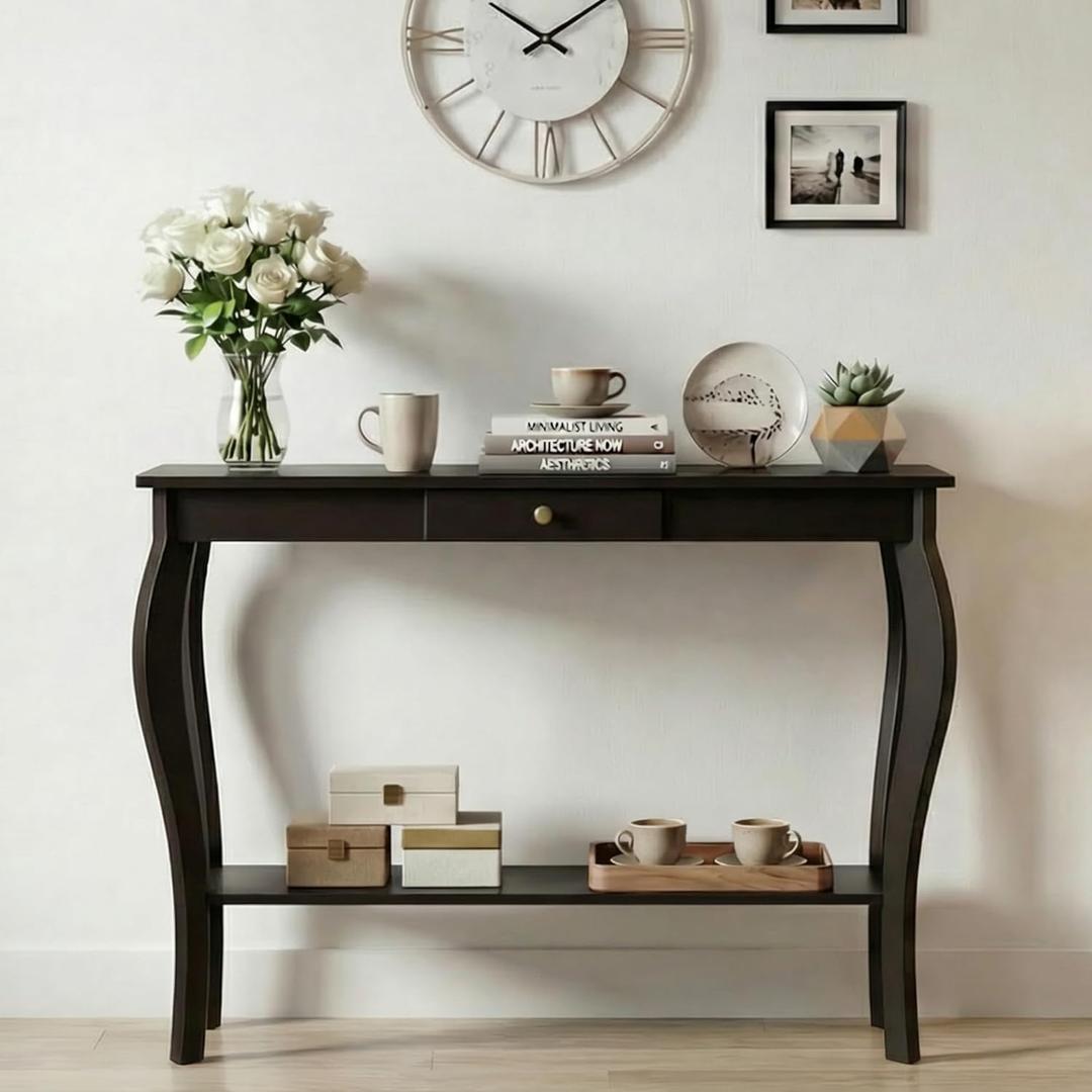 ChooChoo Narrow Console Table with Drawer, Chic Accent Sofa Table, Entryway Table, Black (11.8"D x 39.3"W x 31.4"H)