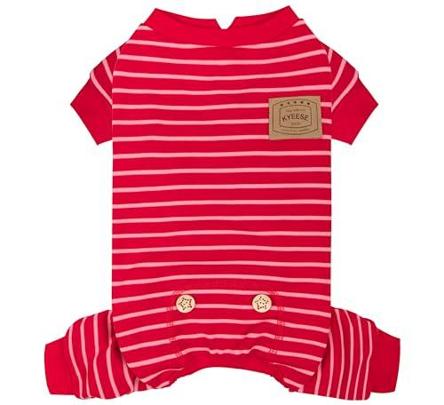 KYEESE Dog Pajamas, Soft 4 Legs Doggie Jammies, Striped Velvet Fleece Dog PJS, Pet Jumpsuit Puppy PJS, Stretchable Outfit Cozy Onesie Sleepwear Soft Pajamas, Red Striped, Small