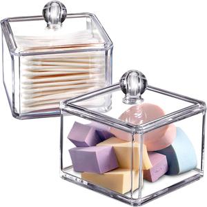 Modern Square Qtip Holder Acrylic Bathroom Vanity Countertop Storage Organizer Canister Jar for Cotton Swabs, Rounds, Balls, Makeup Sponges, Bath Salts - 2 Pack - Clear