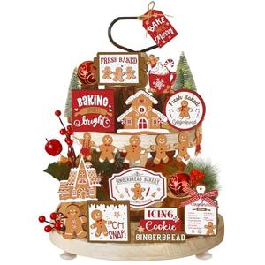 Funnymoom 17 Pcs Christmas Tiered Tray Decor Set Gingerbread Man Christmas Tiered Tray Decoration Gingerbread House Wooden Sign Winter Farmhouse Home Decoration for Rustic Home Shelf Table Centerpiece