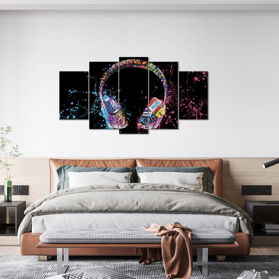 Visual Art Decor Music Room Decor Graffiti Headphone Painting Music Wall Art Gaming Decor, Framed Artwork for Walls (Black)