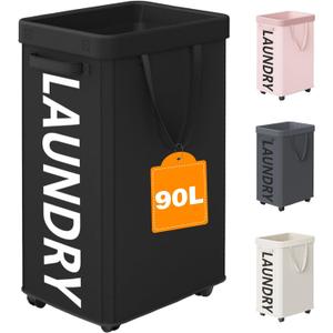 Optish Laundry Basket with Wheels, 90L Rolling Laundry Hamper with Wheels, Large Clothes Hamper on Wheel with Removable Mesh Bag for Bedroom, Dorm Room Essentials, Black