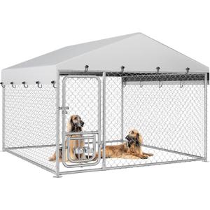 YITAHOME Outdoor Dog Kennel with Rotating Feeder Bowls, 7.5'x7.5' Outdoor Dog Enclosure with Roof, Heavy Duty Dog Cage for Medium Large Dogs