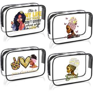 Sweetude 4 Pcs African American Makeup Bag Gifts for Black Women Clear Travel Toiletry Bag Zippered Funny Cosmetics Pouch Multi Purpose Organizer for Women Inspirational Gifts
