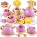 BUYGER Kids Wooden Tea Party Set for Little Girls Toddler Pretend Play Food Kitchen Accessories Princess Birthday Gifts for Ages 3 4 5 Years Old