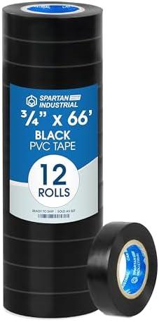 SPARTAN INDUSTRIAL - 3/4" X 66' Black Vinyl Tape - Only 5 Waterproof Electrical Tape Rolls for Wire and Cable Bundling, Insulation, Repairing