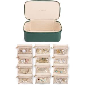 VLANDO Jewelry Travel Case, Travel Jewelry Organizer with Clear Velvet Jewelry Bags Zipper Pouch for Women Girl Gift-Green 12Pcs