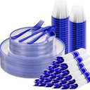 SUT 175 Pcs Blue and Clear Plastic Dinnerware Set for 25 Guests, Include: 25 Dinner Plates, 25 Dessert Plates, 25 Pre Rolled Napkins With Silverware, 25 Cups, Disposable Plates for Party, Wedding