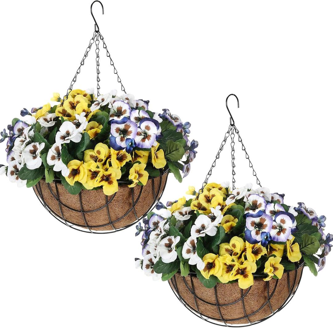 Canlierr 2 Pack Artificial Hanging Flowers in Basket for Spring Summer Outdoor Decor Fake Hanging Plant Faux Pansy Flower with 12 Inch Coconut Lining Basket for Patio Garden Porch Home(Colorful)