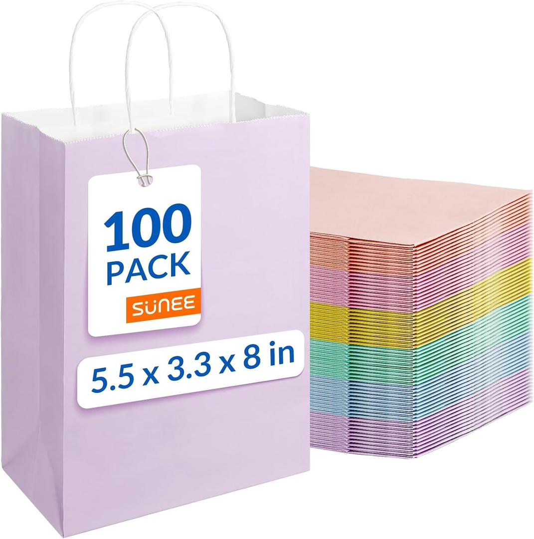 SUNEE Gift Bags with Handles 5.5x3.3x8, 100 Pcs Small Paper Gift Bags Bulk, 6 Pastel Color Kraft Paper Goodie Bags Bulk for Wedding, Birthday, Party Supplies, Christams and Celebrations (Macaron)