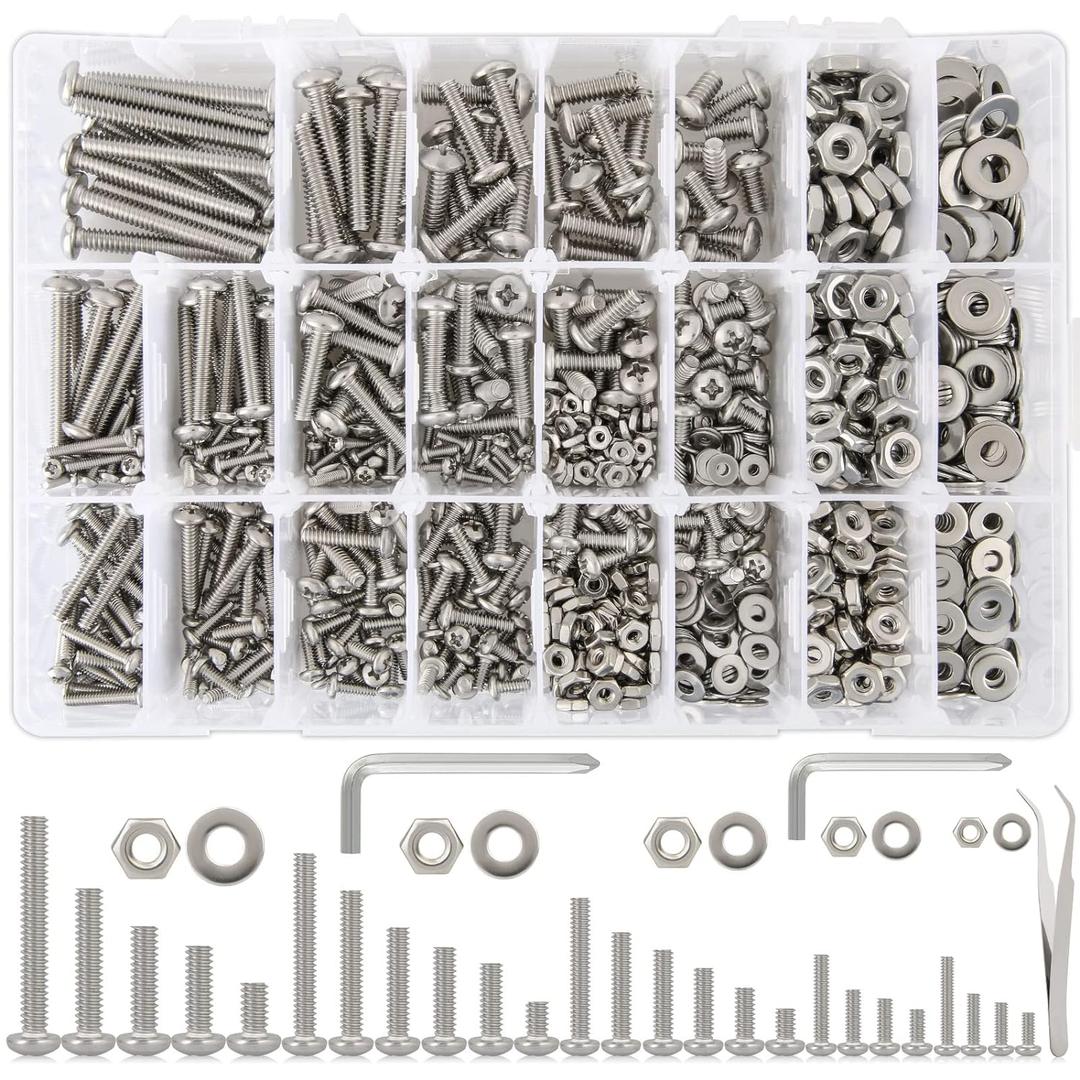 1110Pcs #2-56#4-40#6-32#8-32#10-24 Nuts and Bolts Assortment Kit, Phillips Pan Head Machine Screw Assortment Kit, 25 Sizes 304 Stainless Steel Assorted Nuts and Bolts Washers for Screws
