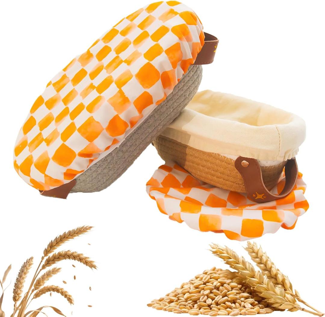 10in Banneton Bread Proofing Basket Set of 2,Oval Cotton Rope Sourdough Proofing Basket,With Thick Cotton Liner & Double Layer TPU Bowl Cover for Artisan Bread Baking, Proofing Sourdough & Storage