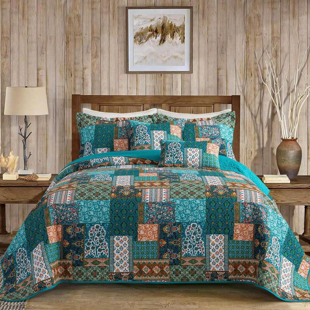 VAPUTAR Cotton King Quilt Size, Floral Patchwork King Bedspread, Lightweight Quilt King Size for All Seasons, Reversible Green Soft Quilt (98 x 106 Inch Quilt + 2 Pillowcases, Pine Green) (Verdant Crimson)