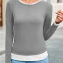 Cicy Bell Womens Long Sleeve Tops Patchwork Crewneck Slim Fit Shirts Going Out Casual Fall Basic Tees (L)