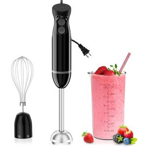 Bonsenkitchen Immersion Blender Handheld, 2 Mixing Speed Hand Blender Electric with Sharp Blades, 3-In-1 Hand Held Stick Blender with Egg Whisk, 24oz Beaker for Soups, Smoothies, Sauce (Black)