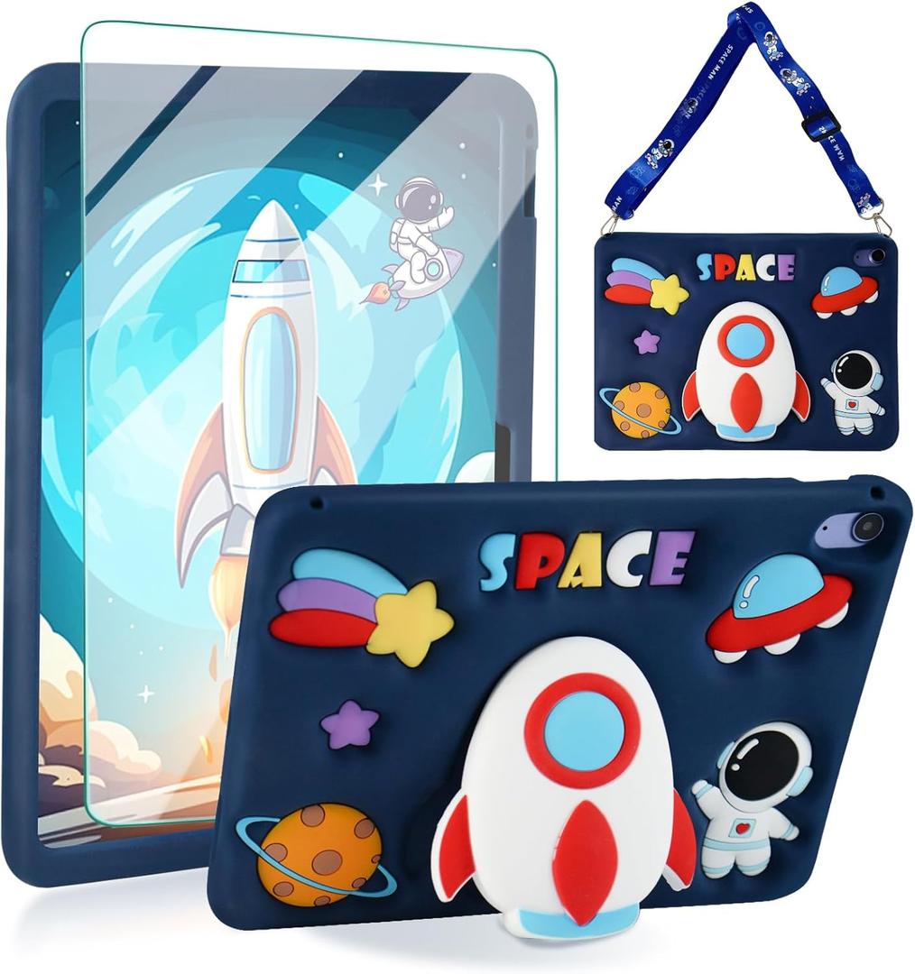 ACEMO for iPad 10th Generation Case 10.9 inch 2022 with Screen Protector, Kickstand, Shoulder Strap Cute Rocket Silicone Protective Cover for Kids Girls for iPad 10th Gen 2022, Blue