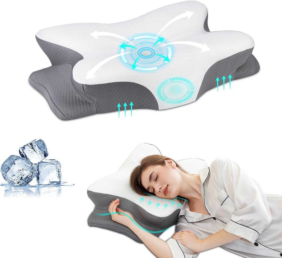 Memory Foam Pillows, Ergonomic Pillow for Neck Pain Relief, Bed Pillow for Sleeping, Cervical Neck Pillow for Side, Back, Stomach Sleeper with Cool Pillowcase, Side Sleeper Pillows for Adults (24.8"L16.7W"5.4"H, Grey, White)