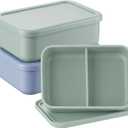 Layhit 2 Pcs Silicone Bento Box for Adults, 27 oz Bento Lunch Container Reusable 2 Compartment Lunchable Food Container for Women Men, Leak Proof Microwave Dishwasher Freezer Safe (Gray Blue,Green)