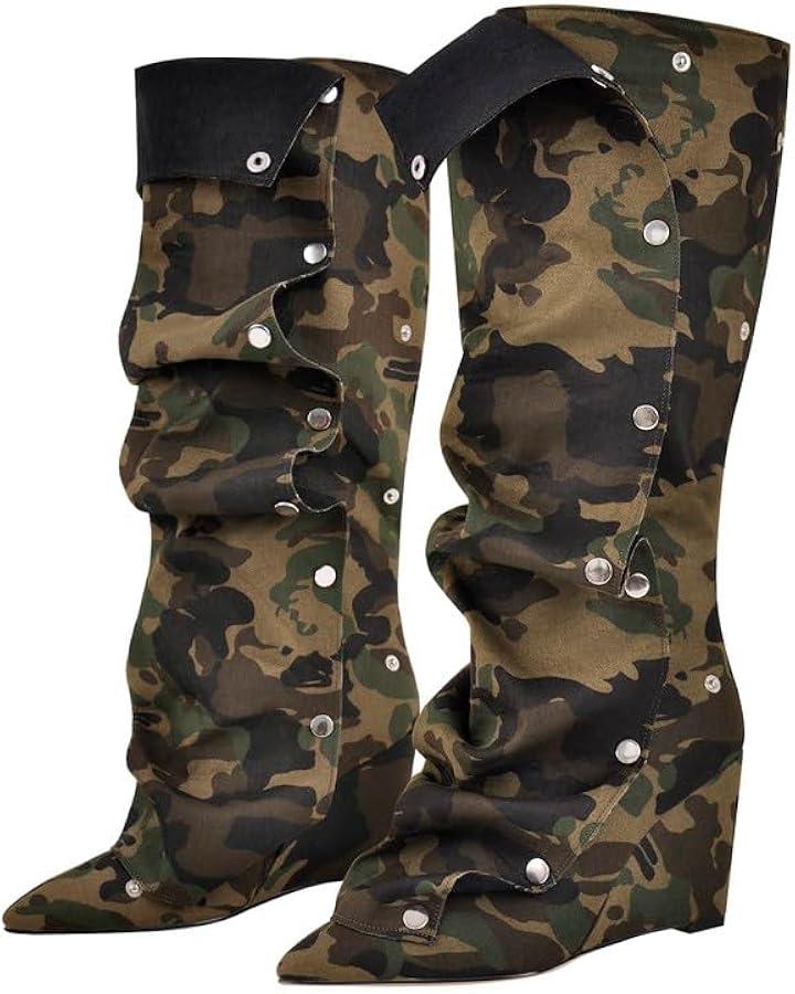 Women's Wedge Heel Knee High Slouchy Foldover Buttons Boots