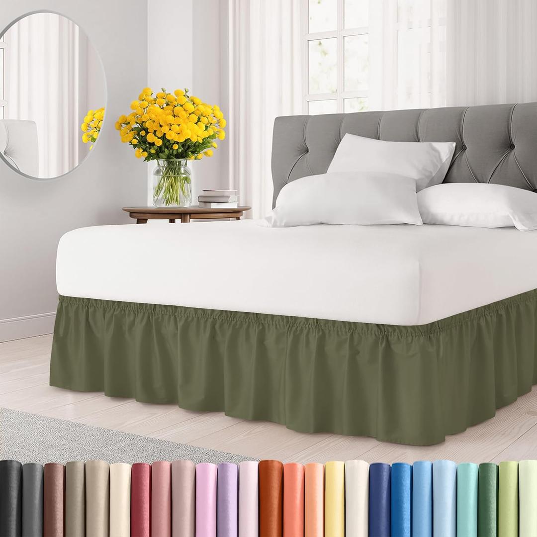 Wrap Around Dust Ruffle Bed Skirt - Sage Green - for Queen Size Beds with 15 Inch Drop - Elastic Strap - Adjustable Pleated Bedskirt with Brushed Fabric and Wrinkle Free - For Women, Men, Kids & Teens