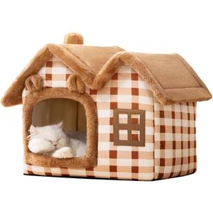 Cute Bear Pet Nest Luxury Double Roof Indoor Dog House Winter Cat Nest Foldable Warm Soft Kennel Cozy Cat House with Removable Cushion Pillow and Non-Slip Bottom (M:17.3*14.2*15.4IN)