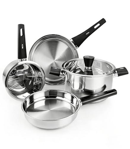 Meythway Stainless Steel Pots and Pans Set Non Toxic, 6PCs Kitchen Cookware Sets with Stay-Cool Handles, Dishwasher Safe&Compatible with All Stovetops(Gas,Electric&Induction), Missing Lid To Small Pan