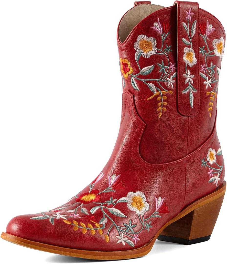 CRYSIGNE Women's Flower Embroidered Ankle Cowgirl Boots Floral Snip Square Toe Western Cowboy Boots Chunky Heel Pull On Short Boots (10, Red)