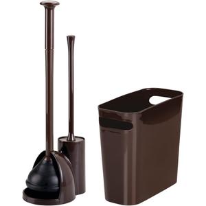 mDesign Compact Freestanding 2-in-1 Plastic Toilet Bowl Brush/Plunger/Trash Wastebasket Garbage Can Combo, Home Bathroom Storage, Sturdy Cleaning Accessories, Aura Collection, Set of 2, Dark Brown