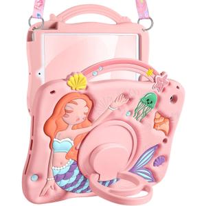 Boaretiu for iPad 9th Generation Case 10.2 Inch - for iPad 7th/8th/9th Gen 3D Cute Cartoon Pk Mermaids Girls Teens Soft Silicone Tablet Cover with Strap & Rotating Stand (Pink)
