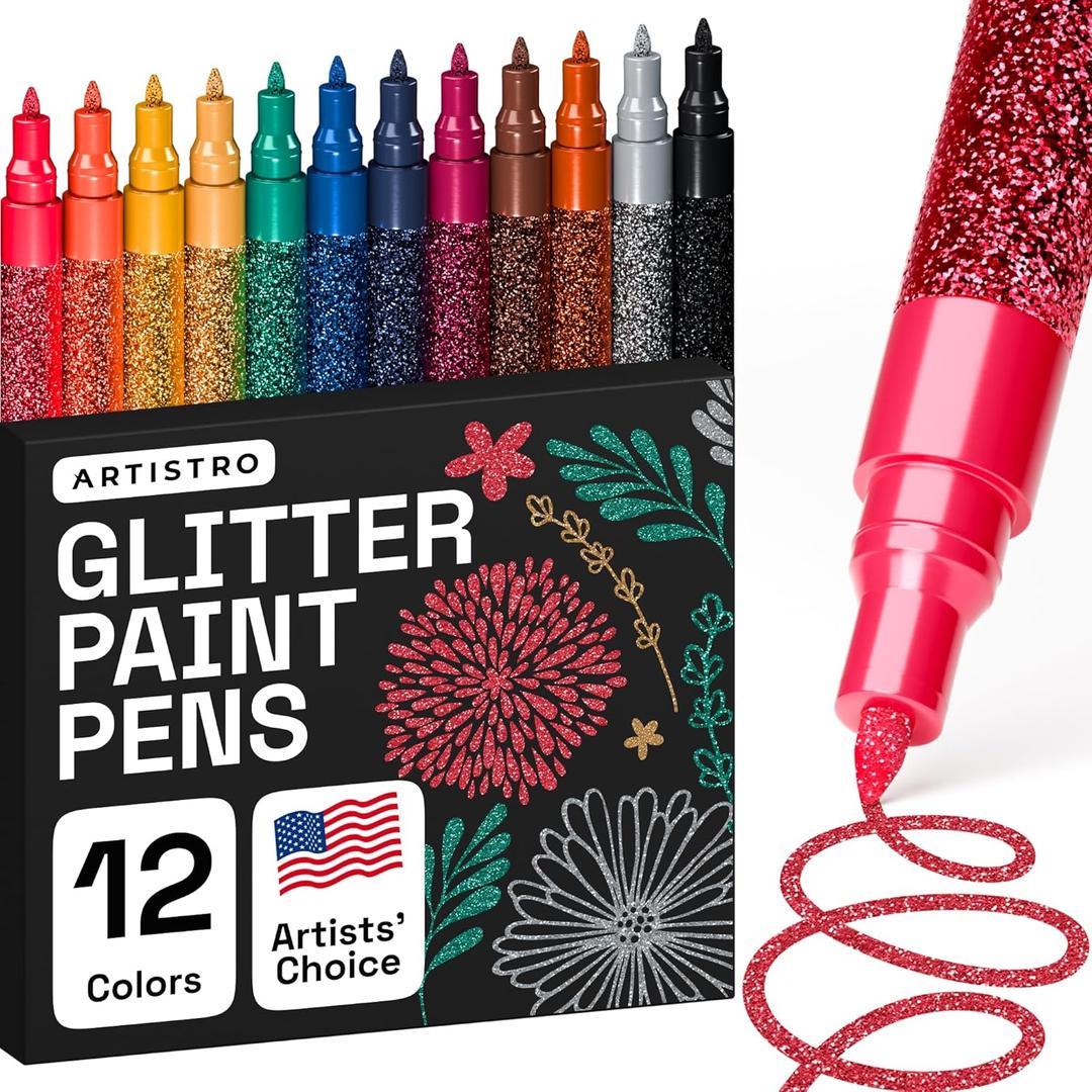 ARTISTRO 12 Glitter Paint Pens Sparkly and Shiny for Rock Painting, Stone, Ceramic, Glass, Wood, Fabric, Scrapbooking, DIY Craft Making, Coloring, Acrylic Glitter Markers Extra-Fine Tip 0.7mm