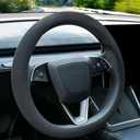 Suede Steering Wheel Cover for Tesla Model 3/Y 2016-2025 2026 Juniper/Highland, Non-Slip Breathable Tesla Model 3/Y Steering Wheel Protector, Black