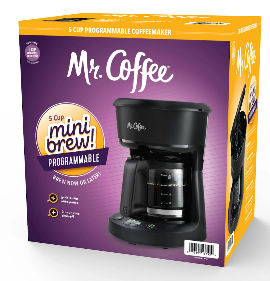 Mr. Coffee 5-Cup Programmable Coffee Maker, 25 oz. Mini Brew, Brew Now or Later, Black