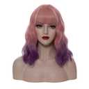 14" Women Short Wavy Curly Wig Ombre Light Pink Purple Bob Cosplay Halloween Synthetic Wigs With Neat Bang With Free Wig Cap (Ombre Light Pink Purple)