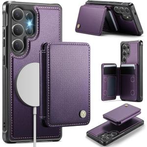 Compatible with Magsafe for Samsung Galaxy S25 Ultra Wallet Case Magnetic Card Holder, RFID Blocking 2 in 1 Detachable Kickstand Shockproof Case for Women Men, Purple