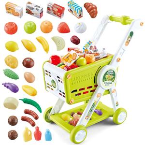 Supermarket Shopping Cart for Kids, 31PCS Shopping Trolley Cart Toy with Play Food Shop Accessories, Pretend Play Shopping Basket Grocery Store Games for Toddlers Boys Girls Ages 3+ (Green)