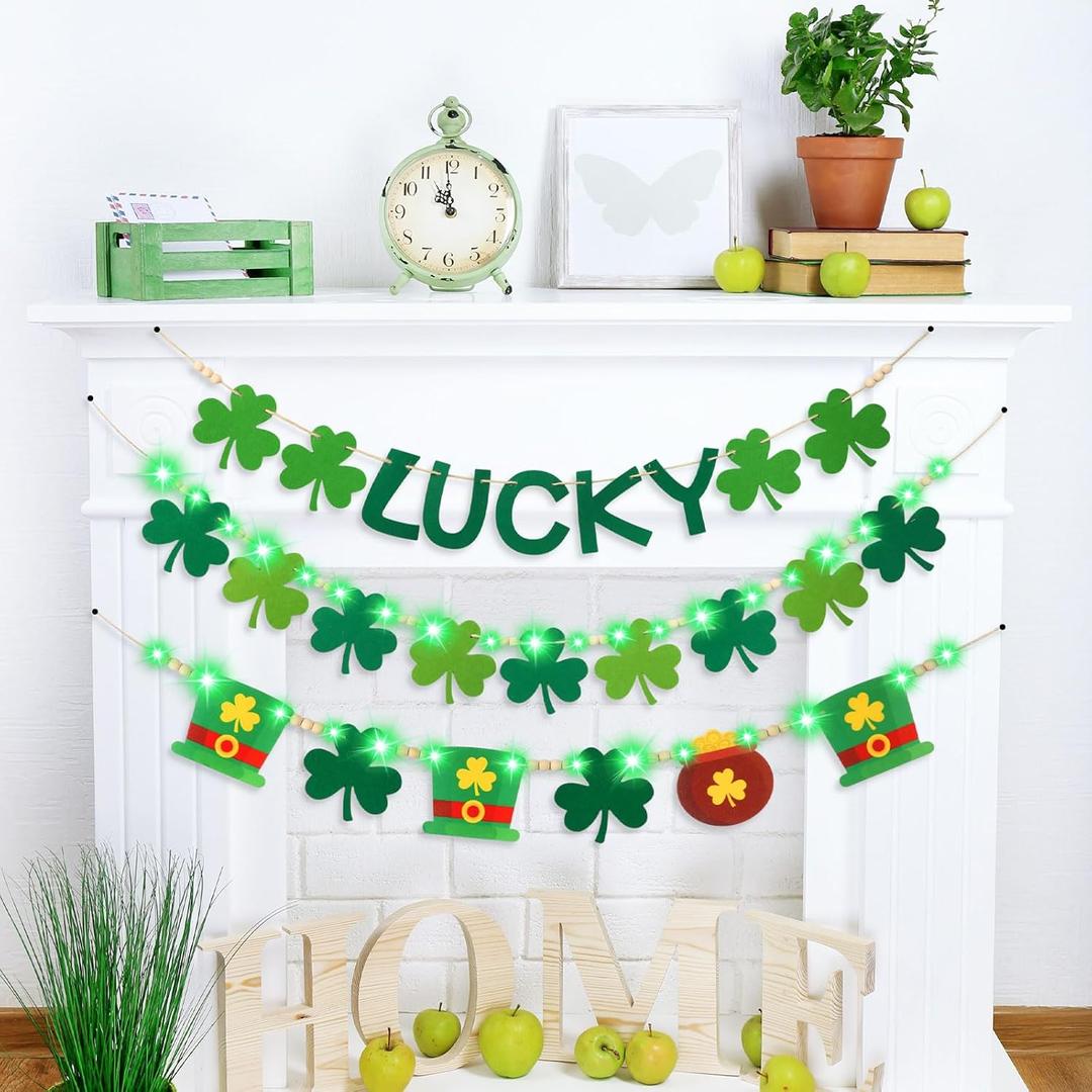 5 Pcs St. Patrick's Day Decorations Set 3 Pcs Felt Lucky Banner Garland with 2 Pcs Green LED Lights - No DIY Lucky Cap Leaf Garland for Home Classroom Office Decor