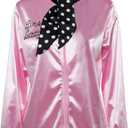 50s Ladys Pink Satin Jacket Halloween Cosplay Costume Pink Jacket with Neck Scarf (X-Small)
