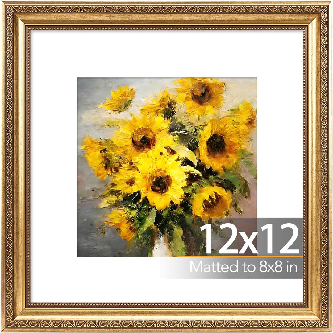 JCJMY 12x12 Vintage Picture Frame with 8x8 Mat, Elegant Retro 12 by 12 Photo Frame with Shatter-Resistant Plexiglass for Wall Hanging, Gallery Decor & Gift, Gold, 1 Pack